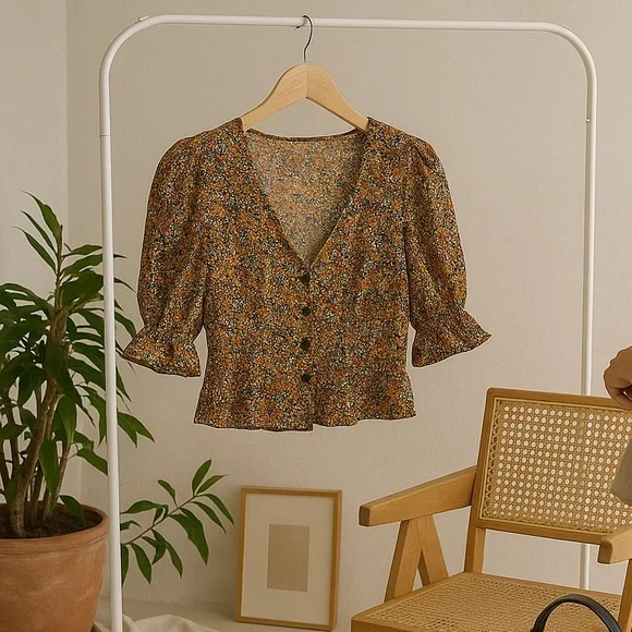 Free People I Found You Printed Blouse Floral Mustard Boho Size Small - Picture 2 of 6